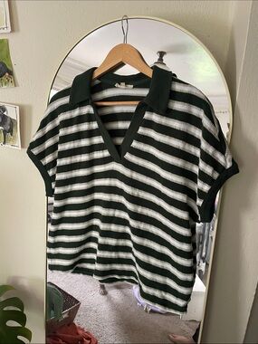 Madewell Striped Green and Cream Polo V‑Neck Knit Top